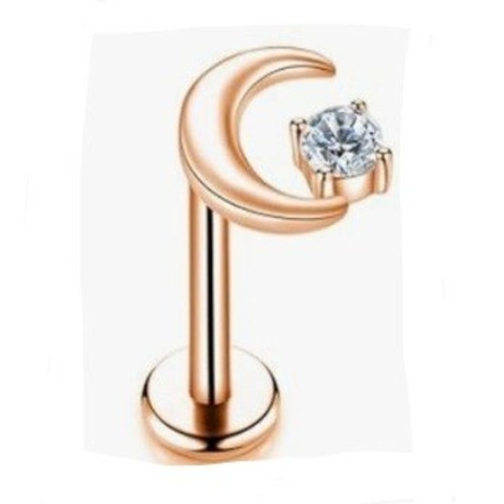 Rose Gold Tone Crescent Moon Star CZ Flat Back Labret Cartilage Stud Piercing